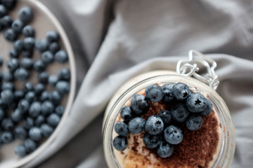 A healthy dessert  tiramisu with blueberries. 
