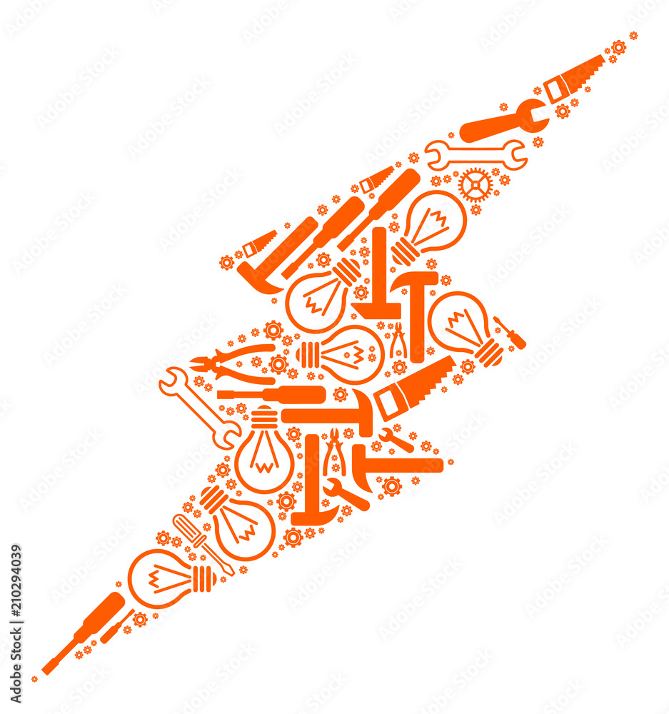 Poster electric spark mosaic of workshop instruments. vector electric spark icon is constructed of gearwhee