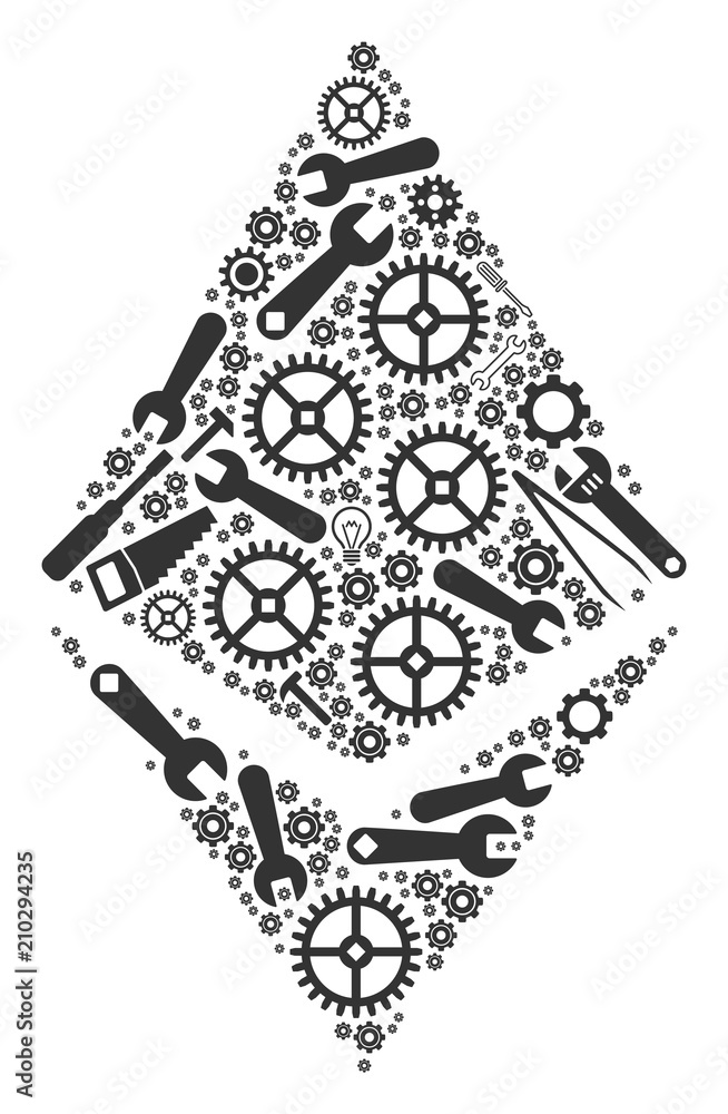 Poster ethereum crystal composition of service instruments. vector ethereum crystal icon is done from cogs,