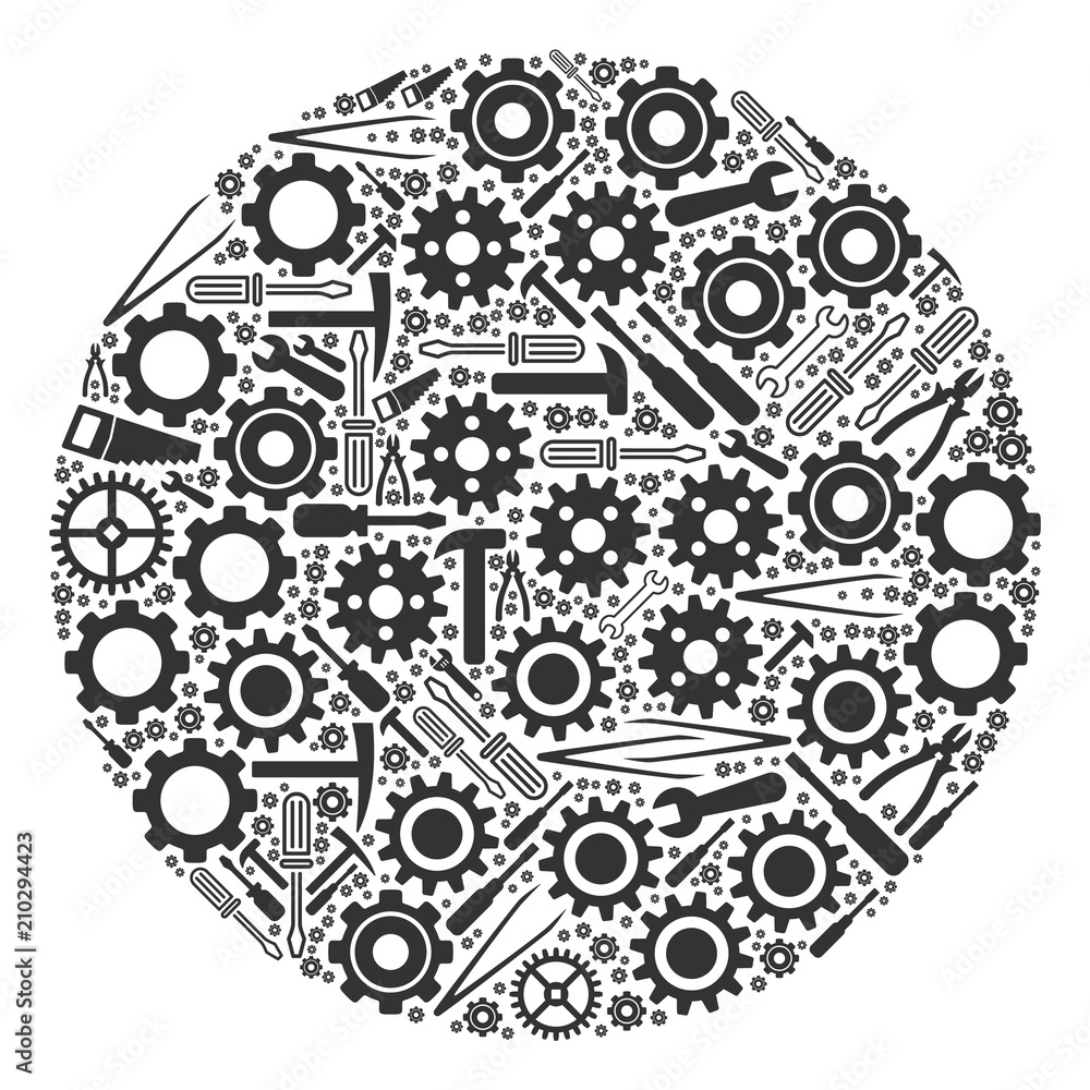 Poster filled circle collage of service instruments. vector filled circle icon is done with cogwheels, span