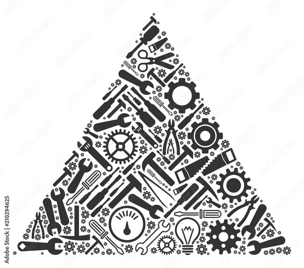 Poster filled triangle composition of workshop tools. vector filled triangle icon is composed of cogs, span