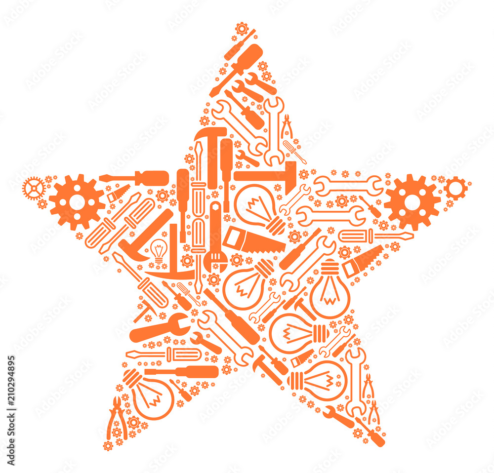Poster five pointed star composition of workshop tools. vector five pointed star icon is constructed of cog