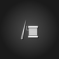 Thread spool and needle icon flat. Simple White pictogram on black background with shadow. Vector illustration symbol