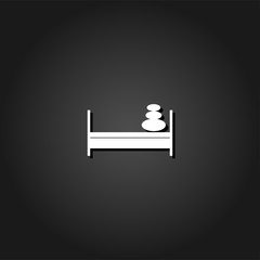 Bed with pillows icon flat. Simple White pictogram on black background with shadow. Vector illustration symbol