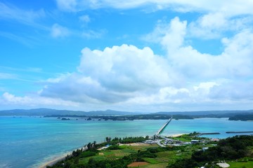 Beautiful sunny day blue sky and white cloud view and clear water in Japan Okinawa