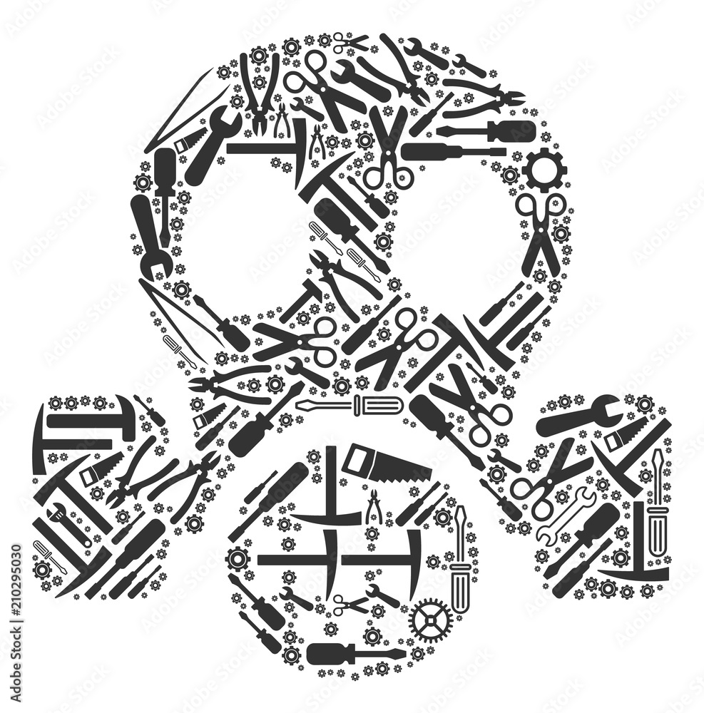 Poster Gas mask mosaic of service instruments. Vector gas mask icon is formed of gear wheels, wrenches and other service objects. Concept of technical workshop.