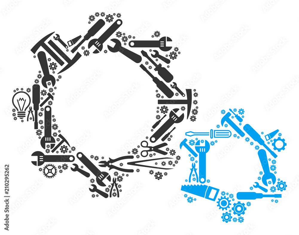 Poster gears composition of service tools. vector gears icon is done from cogwheels, spanners and other ser