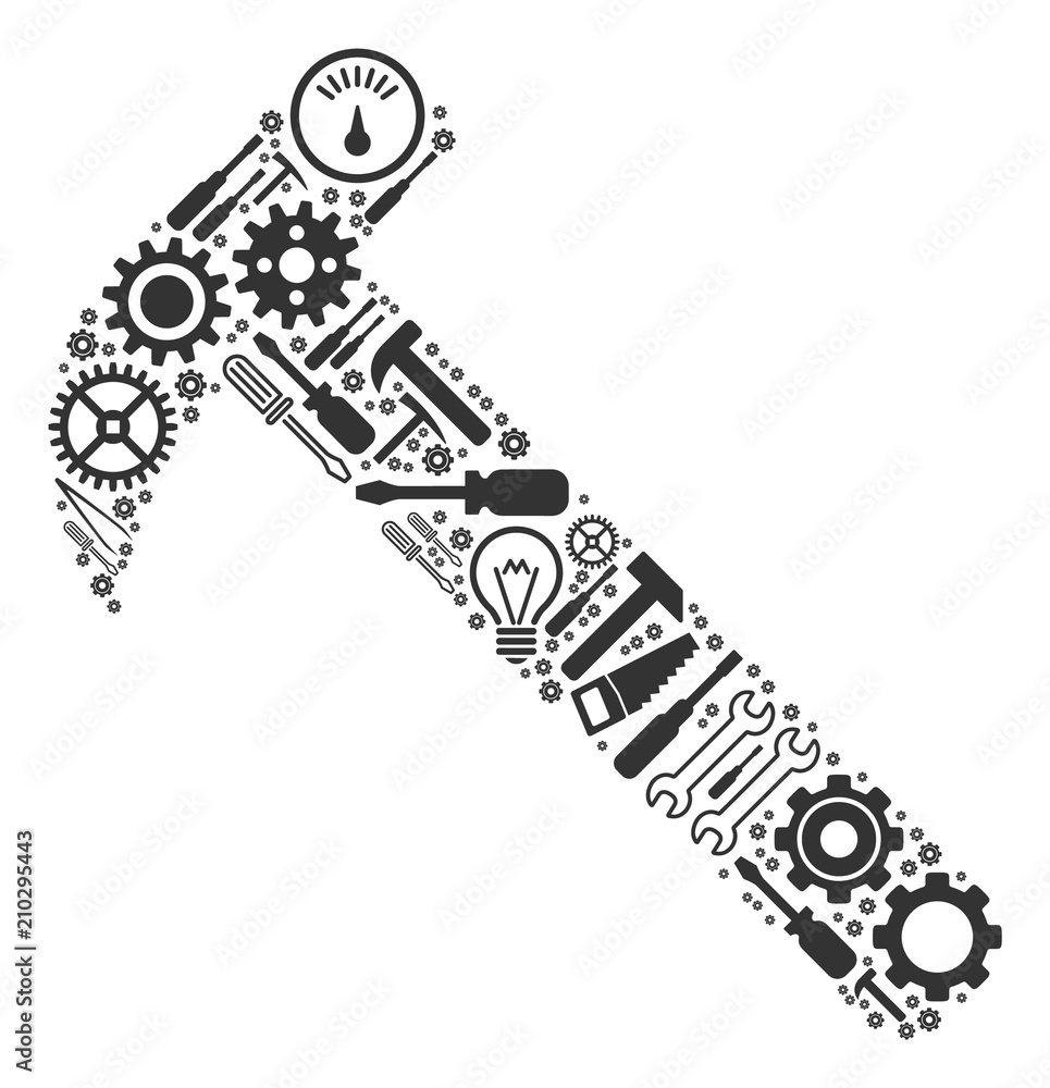 Poster hammer mosaic of service instruments. vector hammer icon is organized of cogwheels, hammers and othe