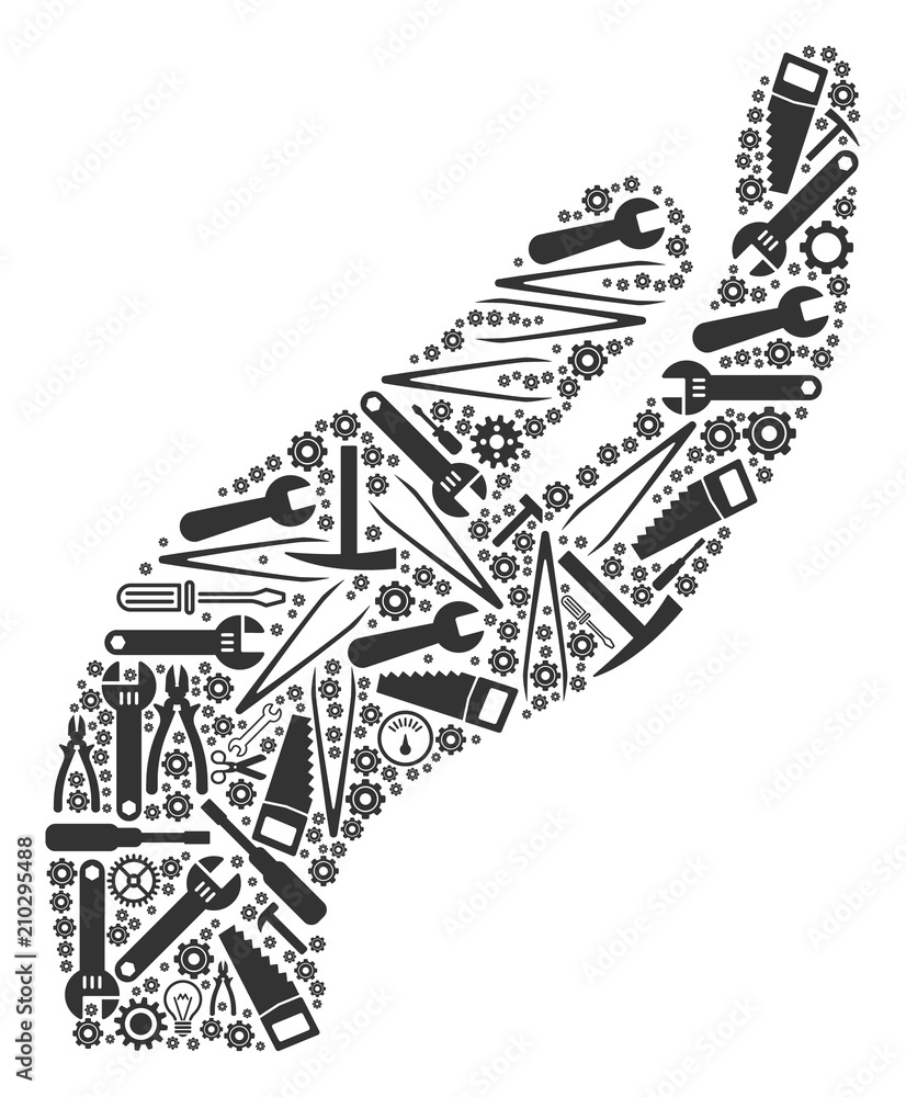 Poster hand composition of service instruments. vector hand icon is created from cogwheels, wrenches and ot