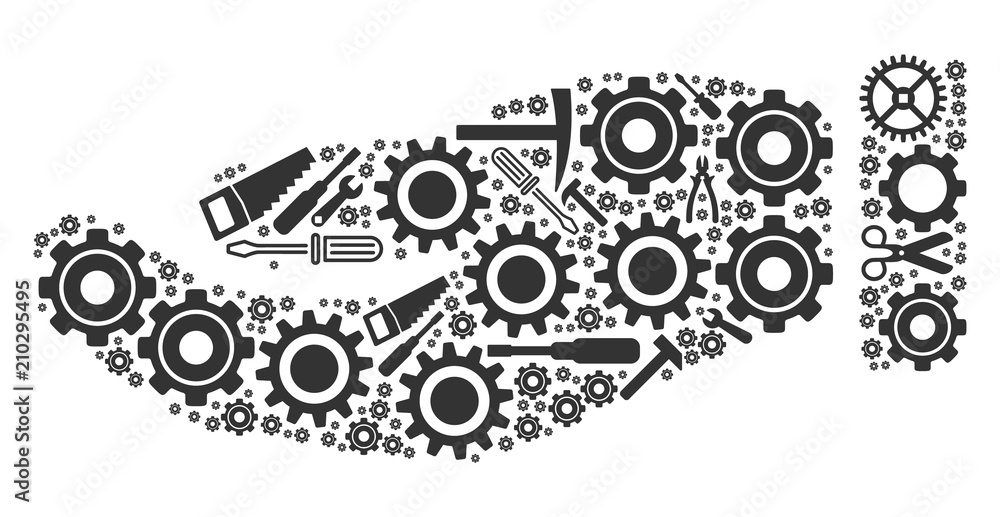 Poster hand composition of service tools. vector hand icon is done with cogwheels, hammers and other servic