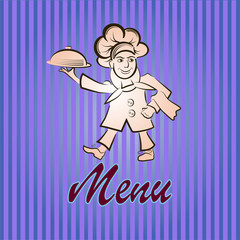 Vector illustration of a cook menu of a restaurant or bar. The cook carries a hot meal, logo.