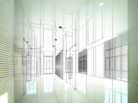 sketch design of interior hall, 3d rendering