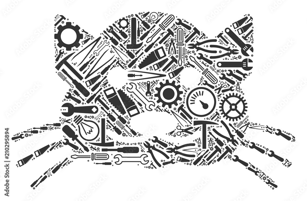 Poster kitty composition of workshop tools. vector kitty icon is formed with gearwheels, screwdrivers and o