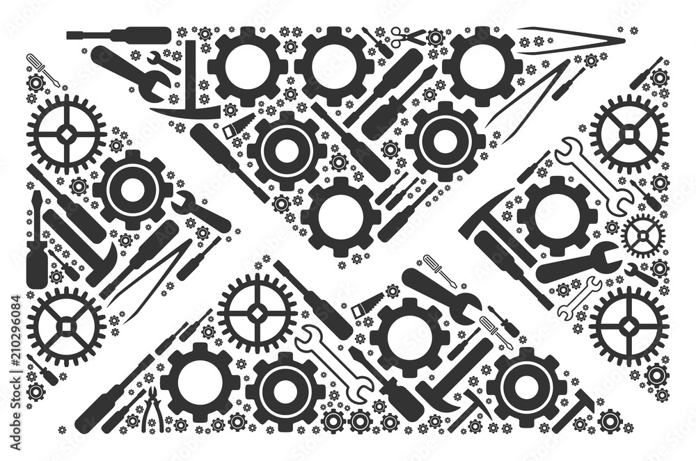 Poster mail envelope mosaic of workshop instruments. vector mail envelope icon is shaped from cogwheels, sc