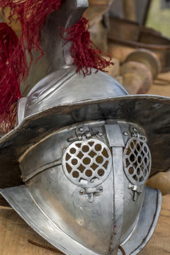 Roman helmet with visor, Gladiator Thraex, Roman Festival, Biriciana, fort area, Weissenburg, Bavaria, Middle Franconia, Germany, Europe