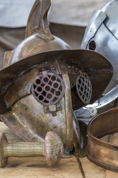 Roman helmet with visor, Gladiator Thraex, Roman Festival, Biriciana, fort area, Weissenburg, Bavaria, Middle Franconia, Germany, Europe