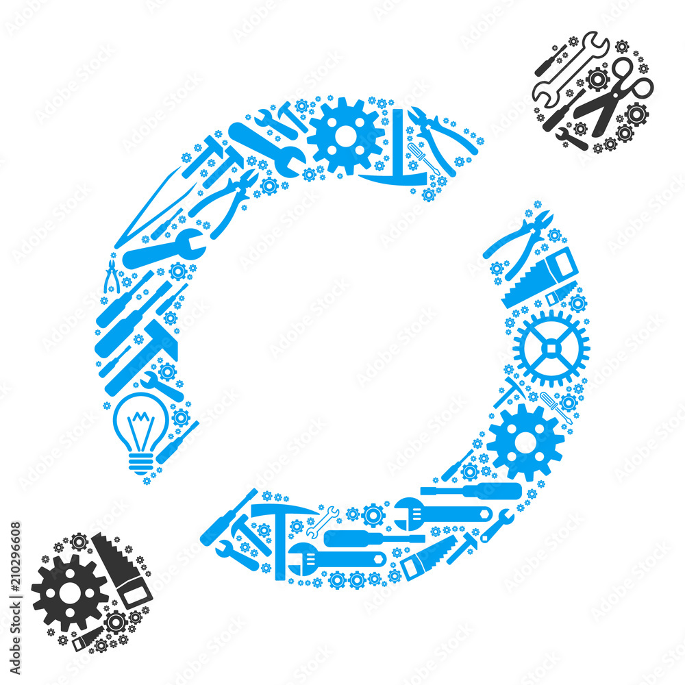 Poster node link mosaic of service instruments. vector node link icon is formed with gears, screwdrivers an