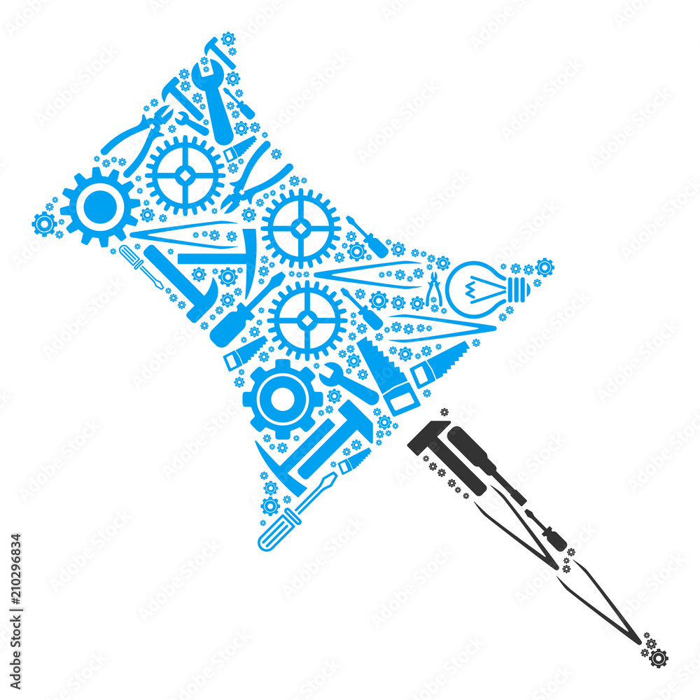 Poster pin mosaic of service instruments. vector pin icon is constructed of gear wheels, hammers and other 