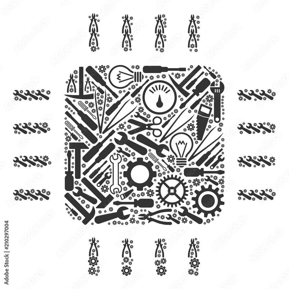 Poster processor mosaic of workshop tools. vector processor icon is organized from cogwheels, screwdrivers 
