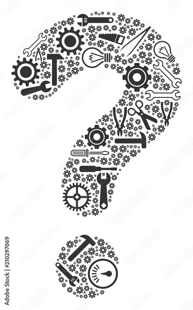 Poster question composition of service instruments. vector question icon is designed of cogwheels, hammers 