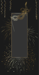 Black carnival background with gold mask and firework.