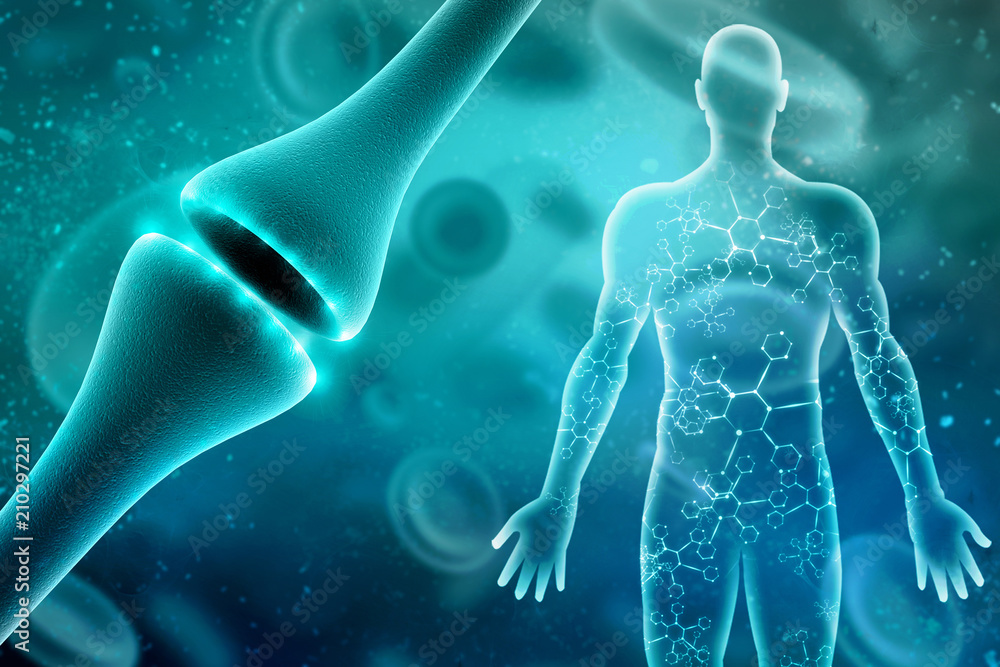 Poster synapse and neuron cells sending electrical chemical signals. 3d rendering