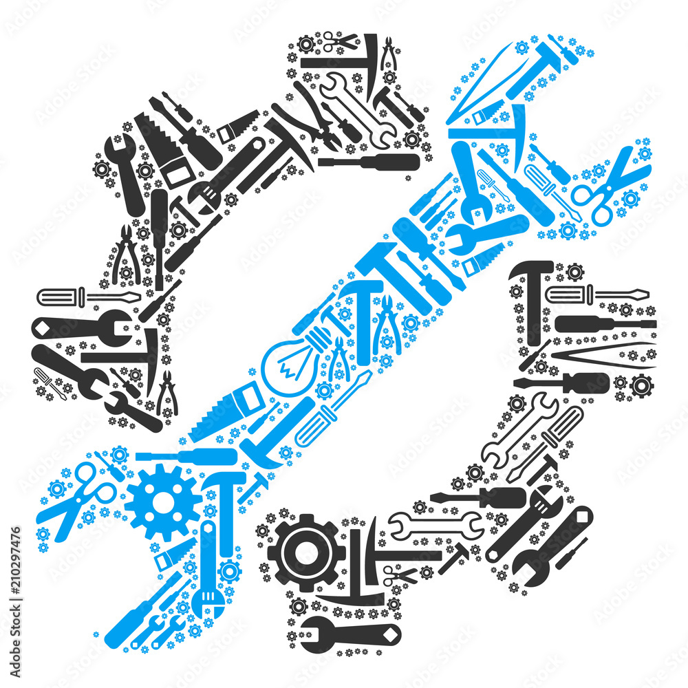 Poster service tools collage of workshop tools. vector service tools icon is organized with gears, wrenches