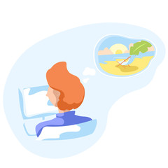 Office worker dreaming on tropical vacation. Sunny beach with deck chair and palm leaf in dreams.