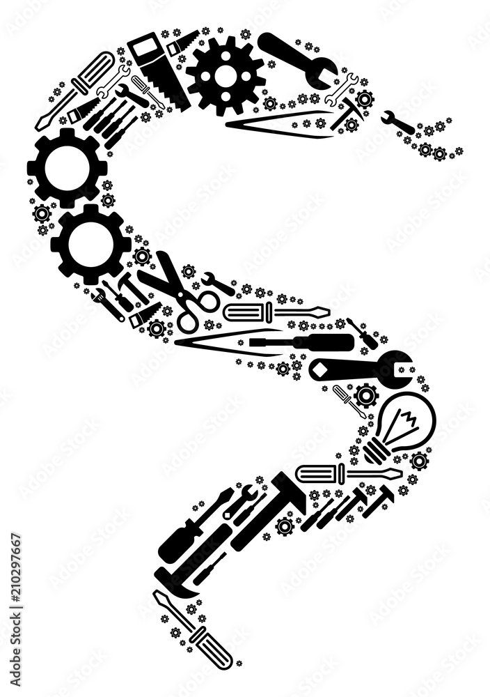 Poster snake collage of service tools. vector snake icon is designed of cogwheels, hammers and other servic