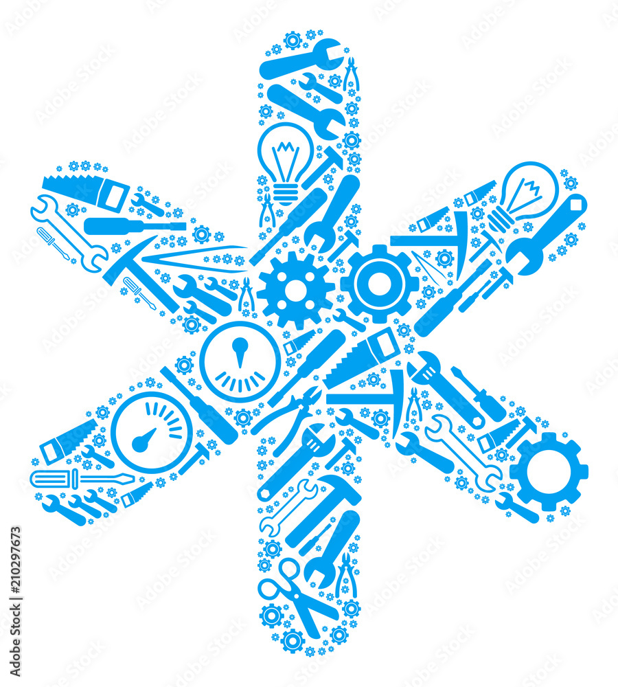 Poster snowflake collage of service tools. vector snowflake icon is constructed of cogwheels, hammers and o