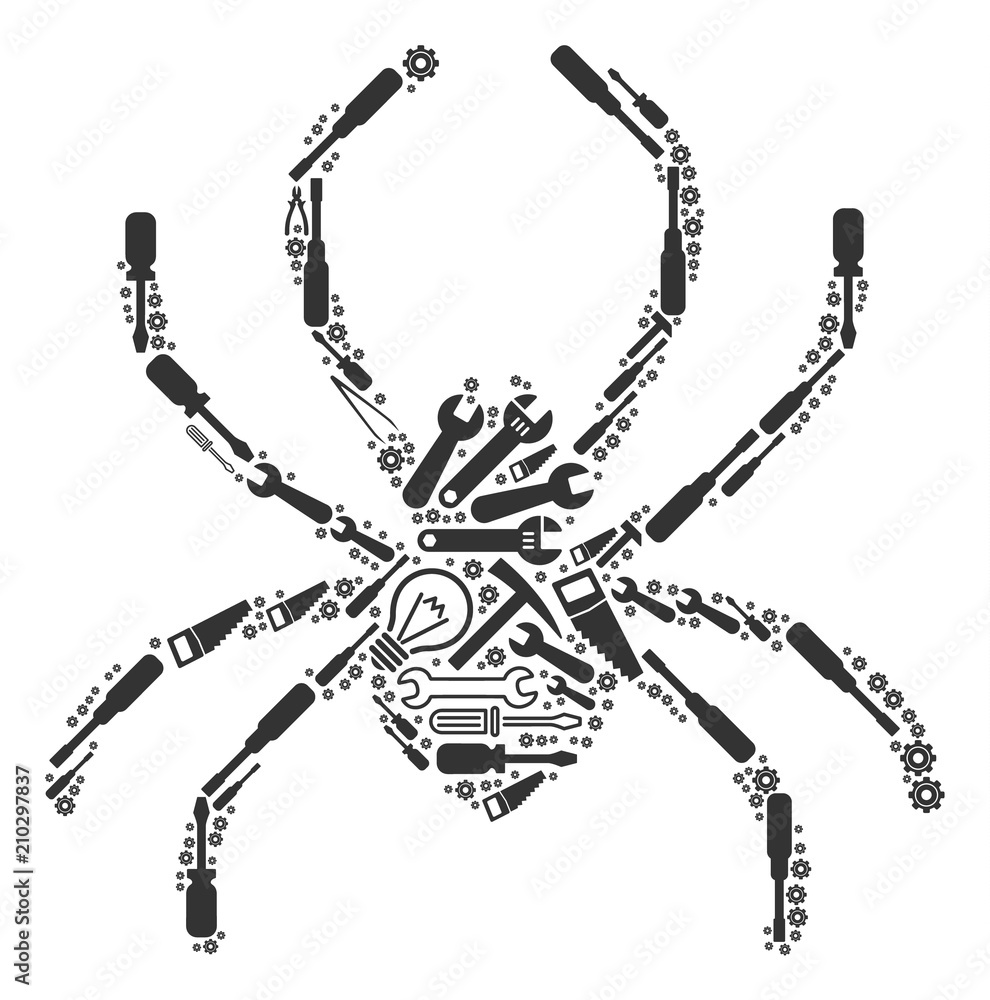 Poster spider mosaic of workshop instruments. vector spider icon is constructed with cogs, spanners and oth