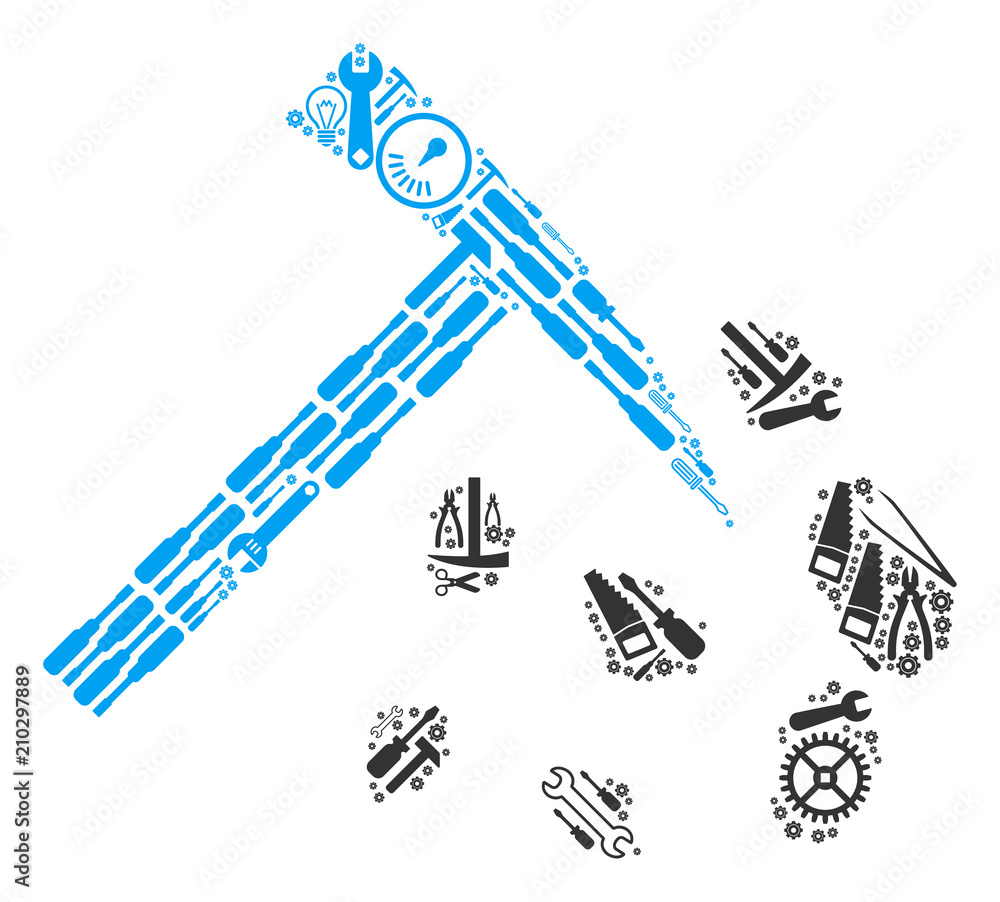 Poster stone mining hammer collage of service instruments. vector stone mining hammer icon is constructed f
