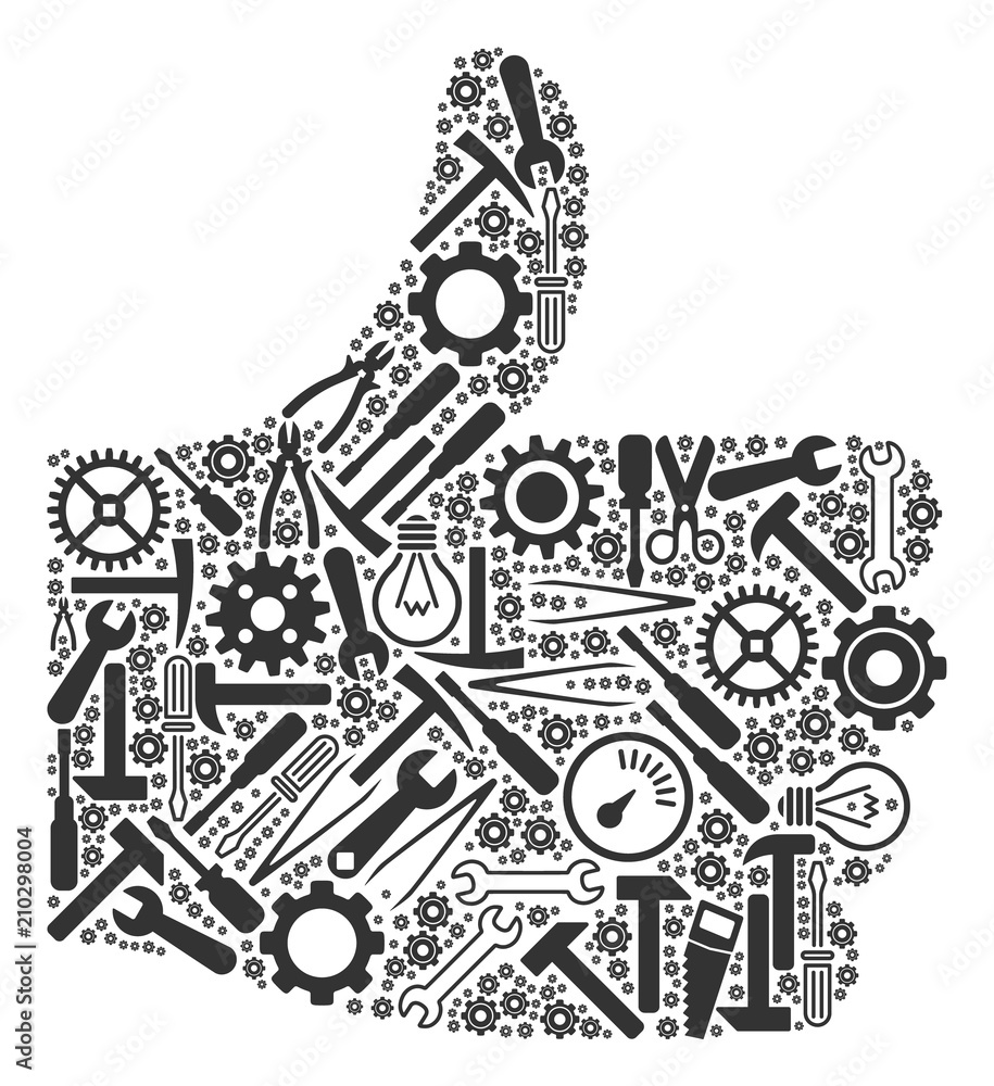 Poster thumb up mosaic of workshop instruments. vector thumb up icon is formed from cogs, spanners and othe
