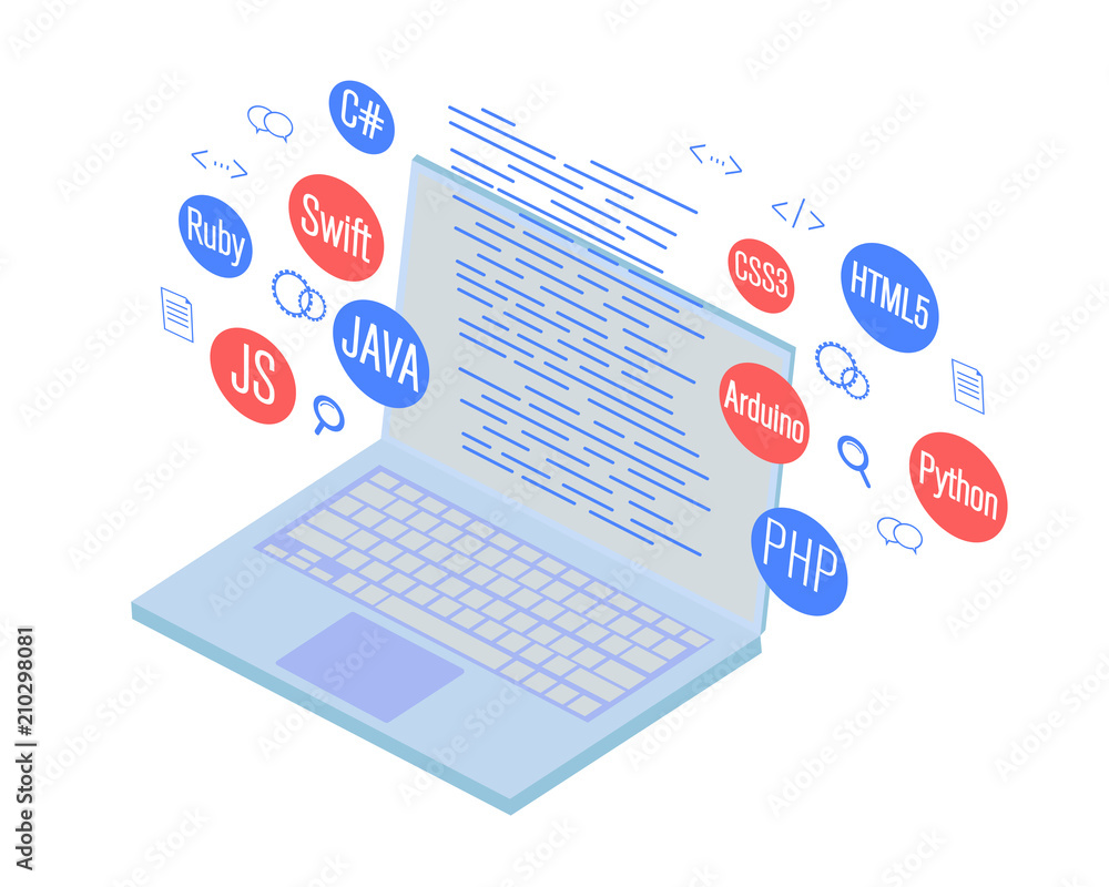 Poster programming banner, coding, best programming languages, isometric illustration concept