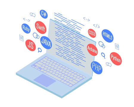 programming banner, coding, best programming languages, isometric illustration concept