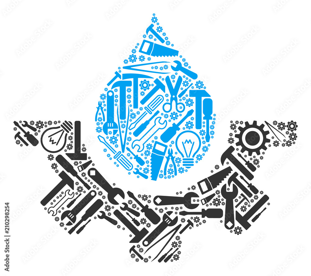 Poster water drop service cog mosaic of repair instruments. vector water drop service cog icon is composed 