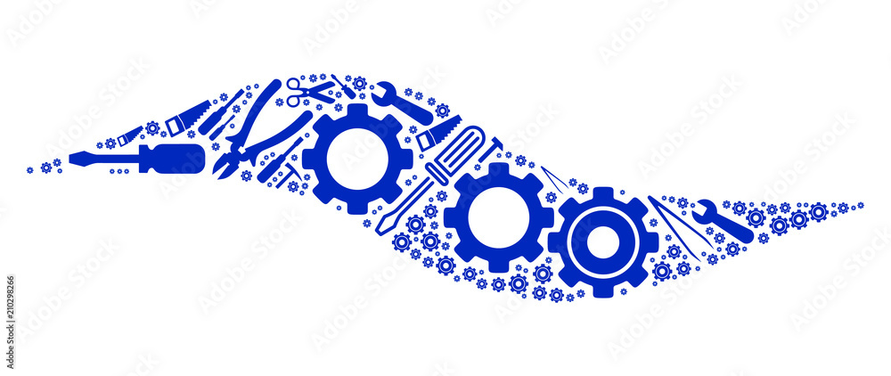 Poster wave shape collage of workshop instruments. vector wave shape icon is shaped with cogwheels, spanner