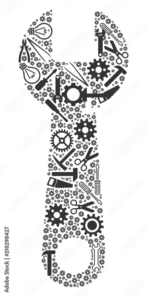 Poster wrench composition of service instruments. vector wrench icon is created of cogwheels, hammers and o