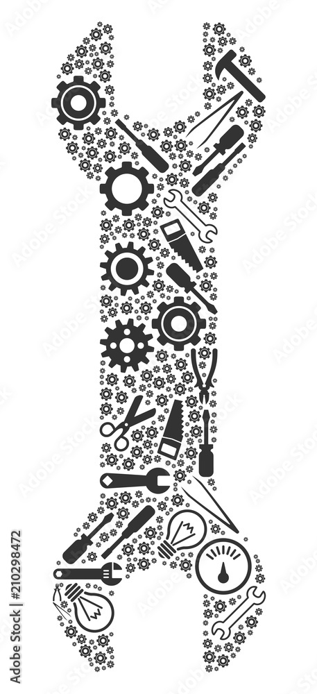 Poster wrench collage of workshop instruments. vector wrench icon is done of cogs, spanners and other equip