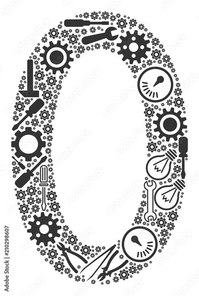 Poster zero digit composition of service tools. vector zero digit icon is formed of cogs, wrenches and othe