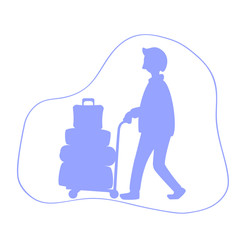 Man with luggage trolley silhouette vector illustration. Tourist with many travel cases.