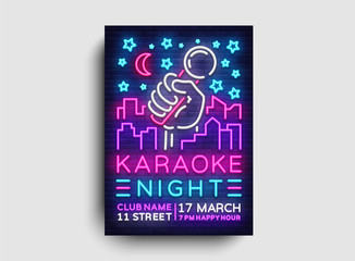 Karaoke night poster neon vector. Karaoke party design template, bright neon brochure, modern trend design, light banner, typography invitation to the party, advertising postcard. Vector illustration
