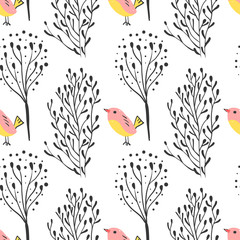 Forest simple sketh drawn hand seamless pattern with birds and forest . For wallpapers, web background, textile, wrapping, fabric, kids design. Scandinavian style