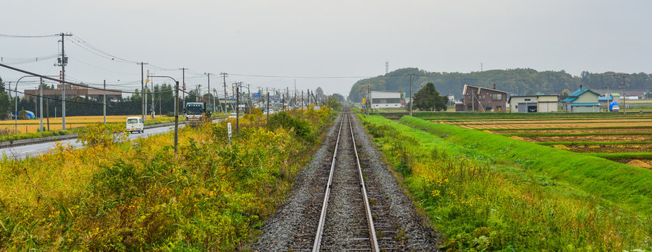 Rail track at countryside in Hokkaido, Japan