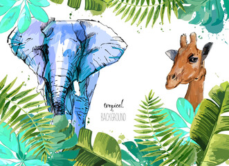Background with Tropical Leaves, giraffe and elephant. Suitable for nature concept, safari, zoo and summer holiday. Vector Illustration. - obrazy, fototapety, plakaty