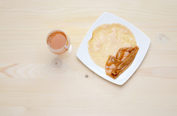 Fresh home made Kombucha fermented tea on a wooden background