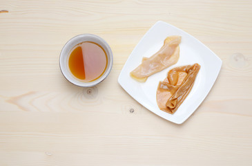 Fresh home made Kombucha fermented tea on a wooden background