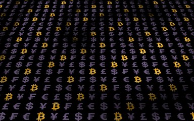 Fototapeta premium Bitcoin and currency on a dark background. Digital Cryptocurrency symbol. Wave effect, currency market fluctuations. Business concept. 3D illustration