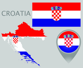 Colorful flag, map pointer and map of Croatia in the colors of the croatian flag. High detail. Vector illustration