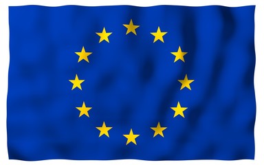 Slightly waving flag of the European Union isolated on white background, 3D rendering. Symbol of Europe. 3D illustration